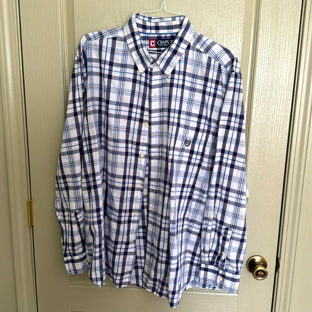 Chaps Plaid Button Down Shirt - blue/white, sport, work, business casual, tall